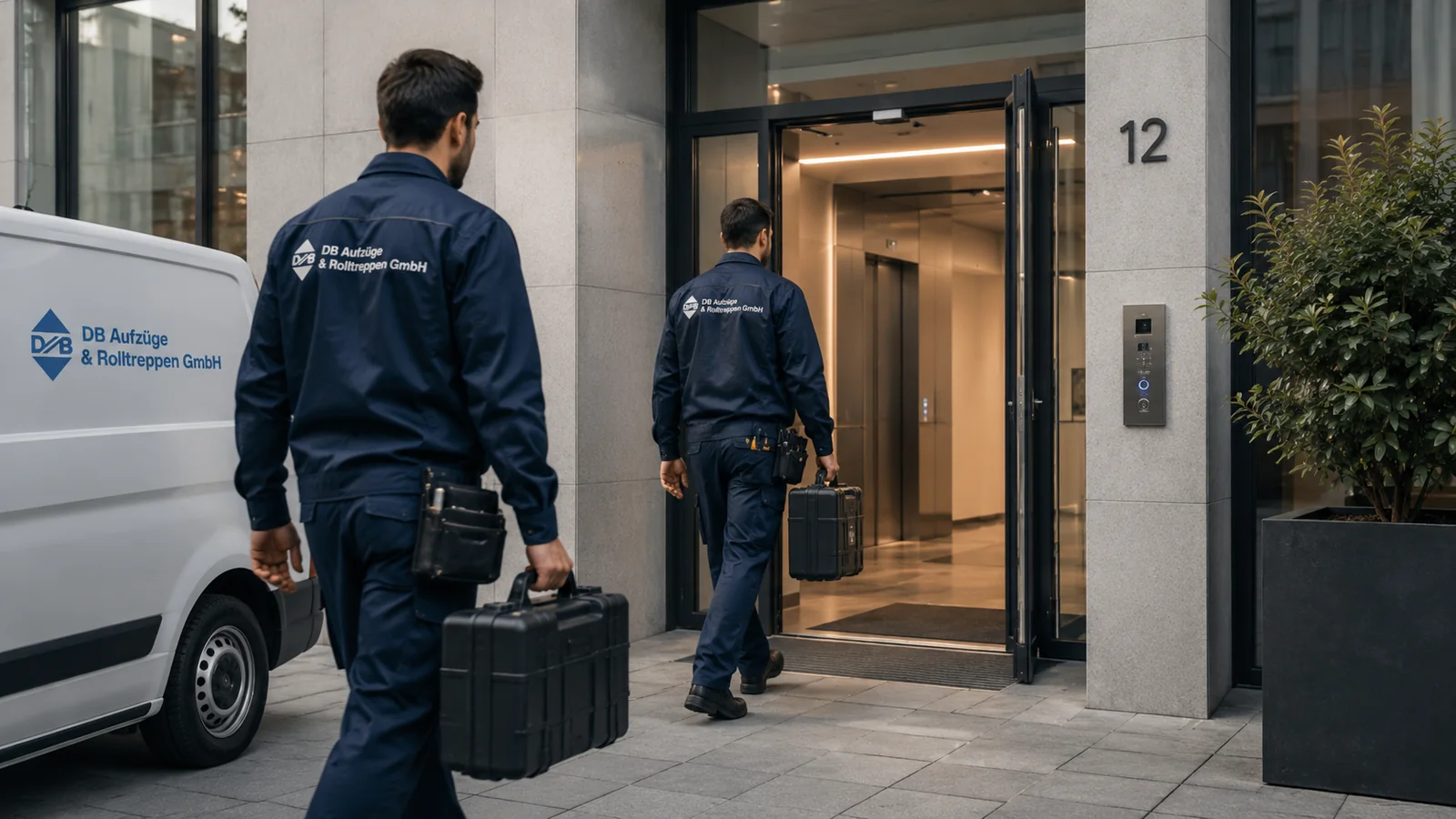 Servicetechniker von DB Aufzüge treffen bei einem Gebäude ein
