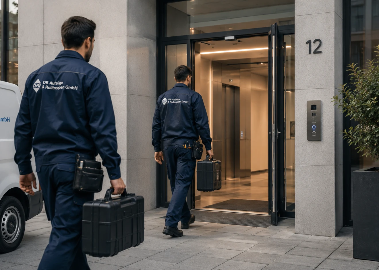 DB Aufzüge Servicetechniker treffen für einen Reparatureinsatz ein