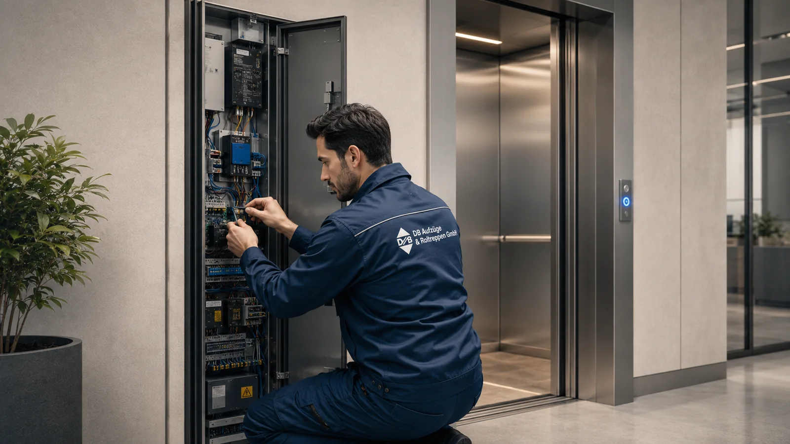 Techniker bei der Wartung einer Aufzugssteuerung