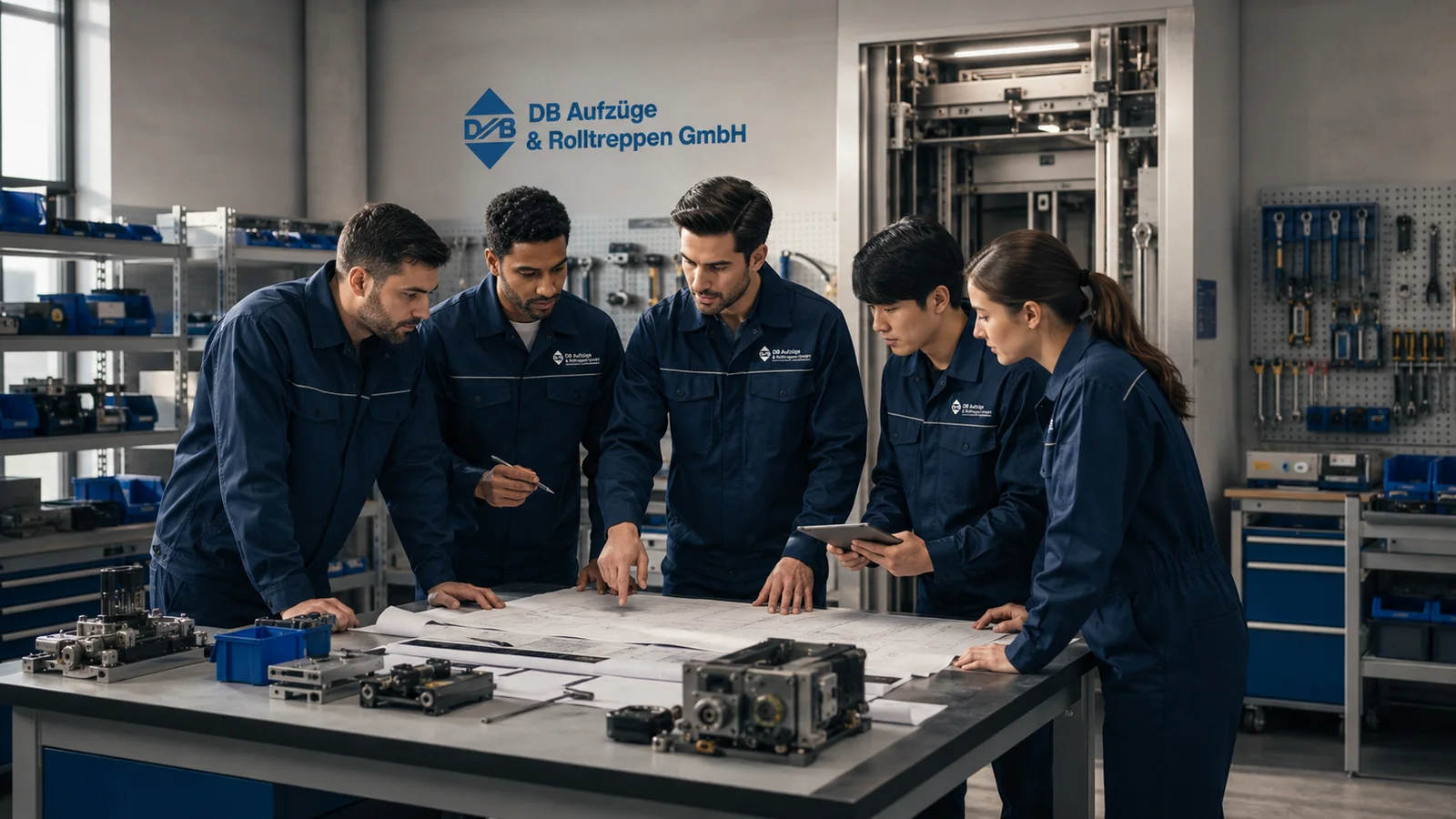 Techniker von DB Aufzüge besprechen einen Wartungsauftrag